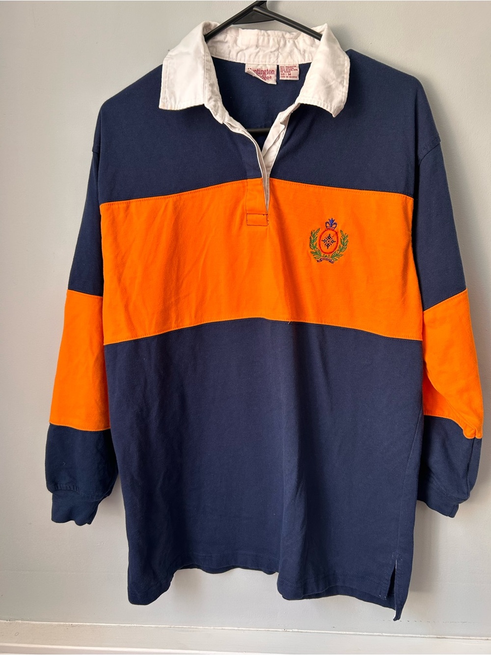 Vintage Huntington Ridge Rugby Shirt Mens Medium Orange Blue Long Sleeve
